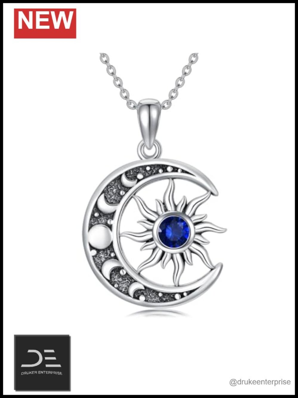 Sterling Silver Sun and Moon Pendant Necklace with Adjustable Chain